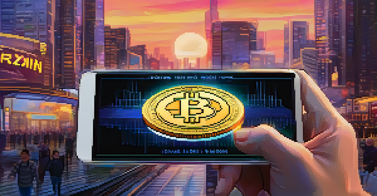 A smartphone displaying a digital wallet with Bitcoin and traditional currencies, set against a city skyline at dusk.