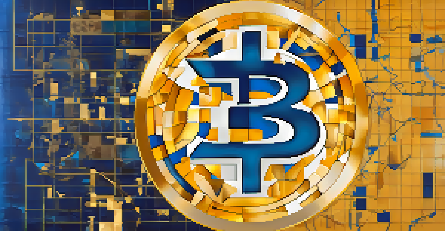 A Bitcoin symbol over a map of the United States, with state tax symbols around it.