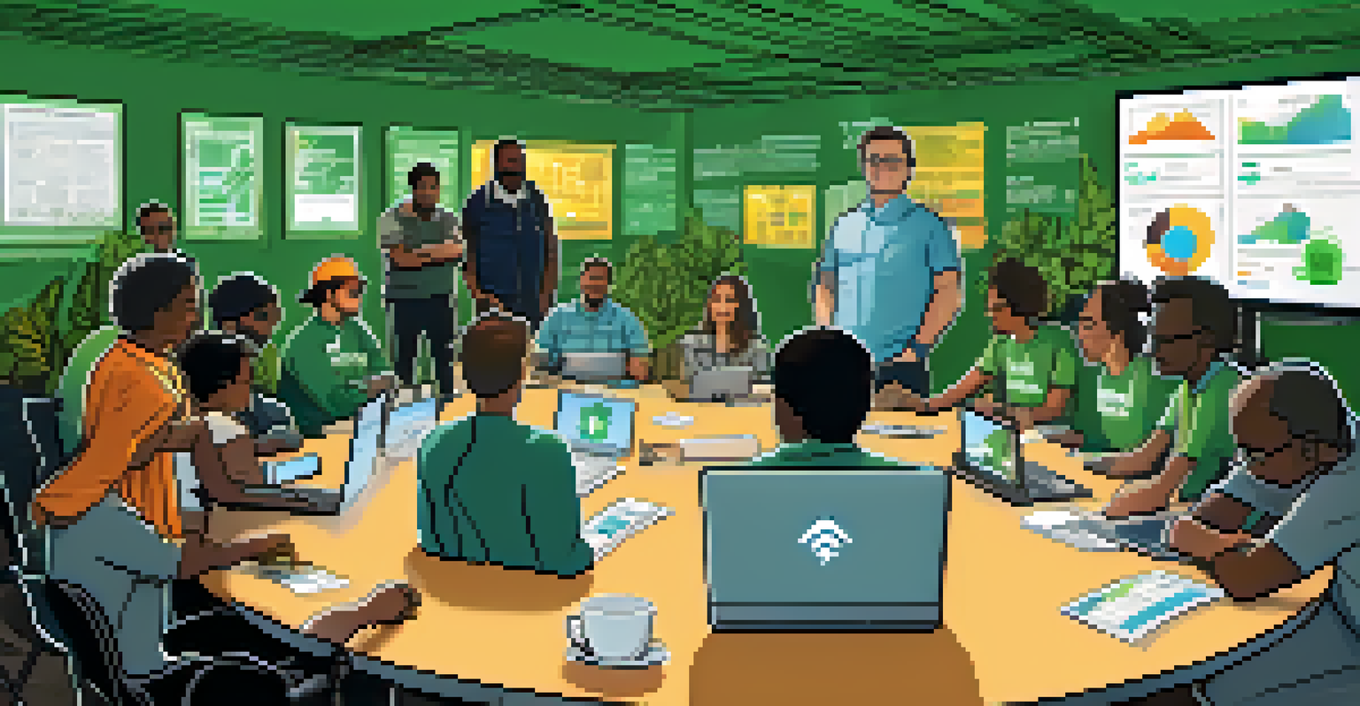 A community meeting discussing sustainable practices in Bitcoin mining, with people gathered around a table and banners in the background.