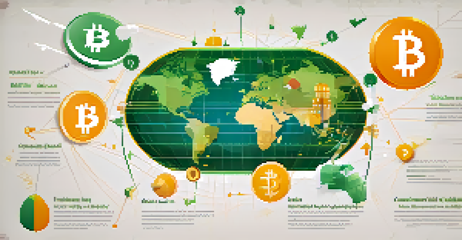 An infographic showing the global rise of Bitcoin in e-commerce, featuring a world map with symbols and icons.