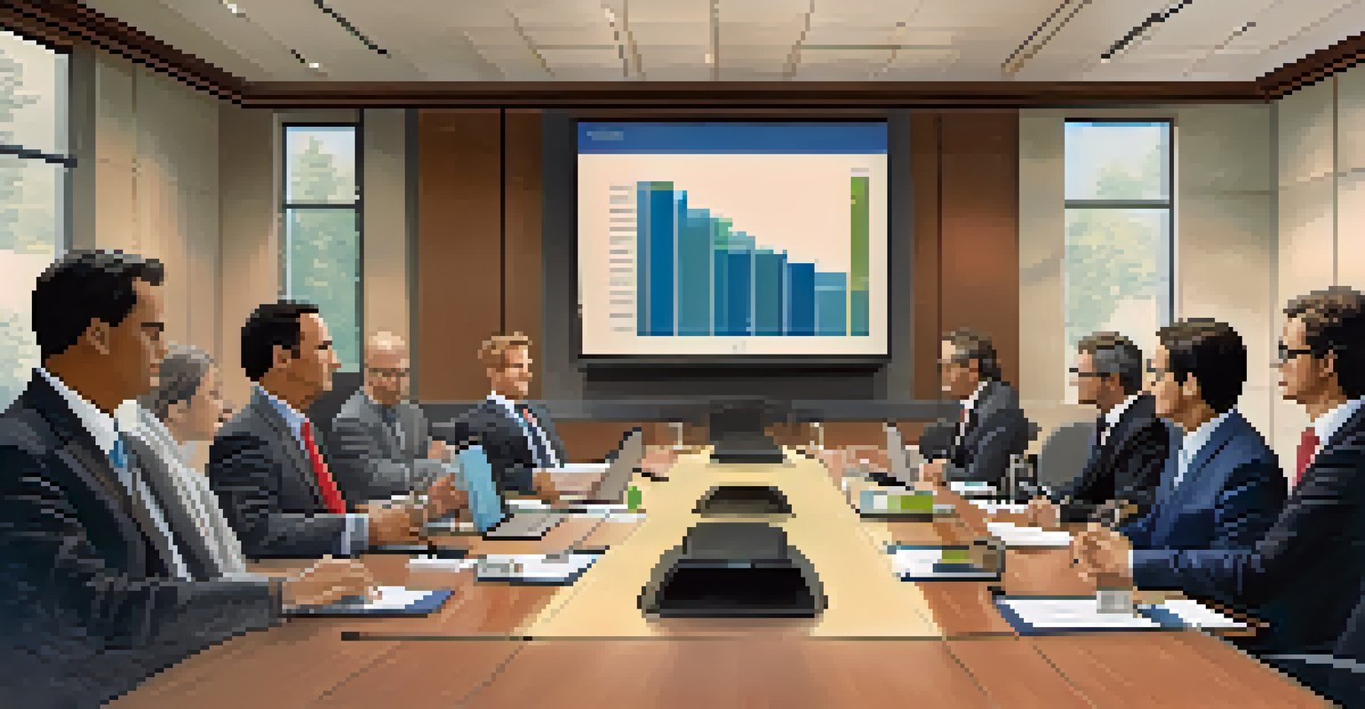 A collaborative meeting between financial institution representatives and regulators in a modern conference room with documents and a digital presentation.