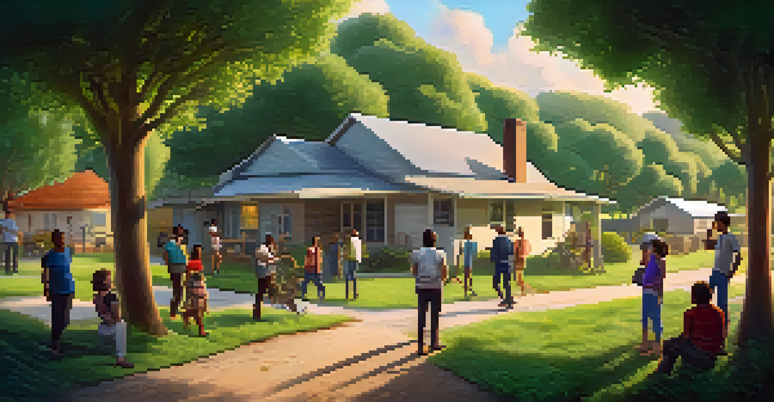 A rural community gathered around a smartphone displaying Bitcoin, with green landscapes and simple homes in the background.