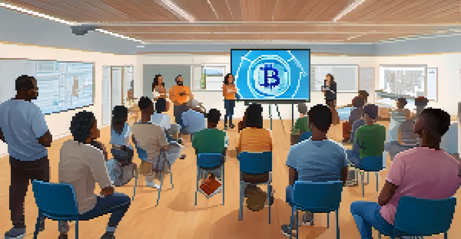 A community workshop with diverse individuals learning about Bitcoin, with an instructor using a projector.