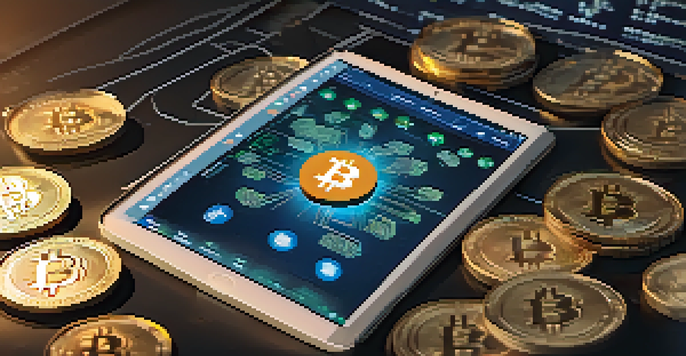 A close-up of a digital tablet showing the Bitcoin logo with physical coins and financial charts in the background, illuminated by warm lighting.