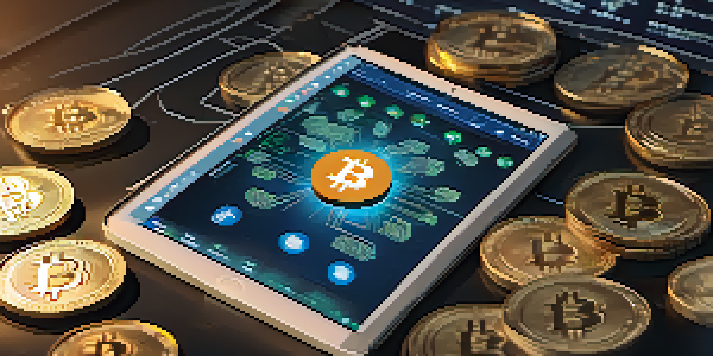 A close-up of a digital tablet showing the Bitcoin logo with physical coins and financial charts in the background, illuminated by warm lighting.