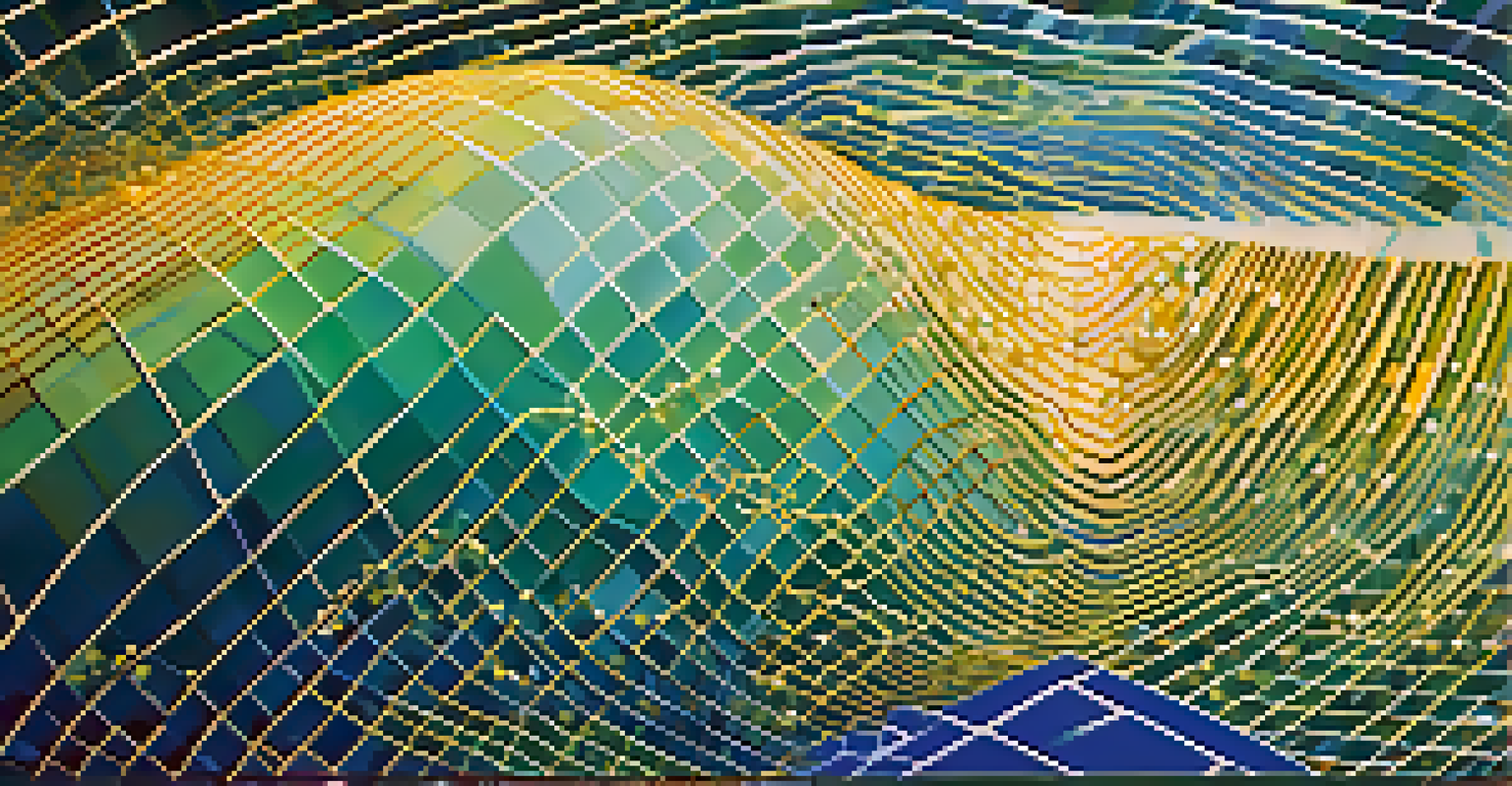 An abstract image depicting Bitcoin's volatility with colorful wave patterns and a digital grid background.