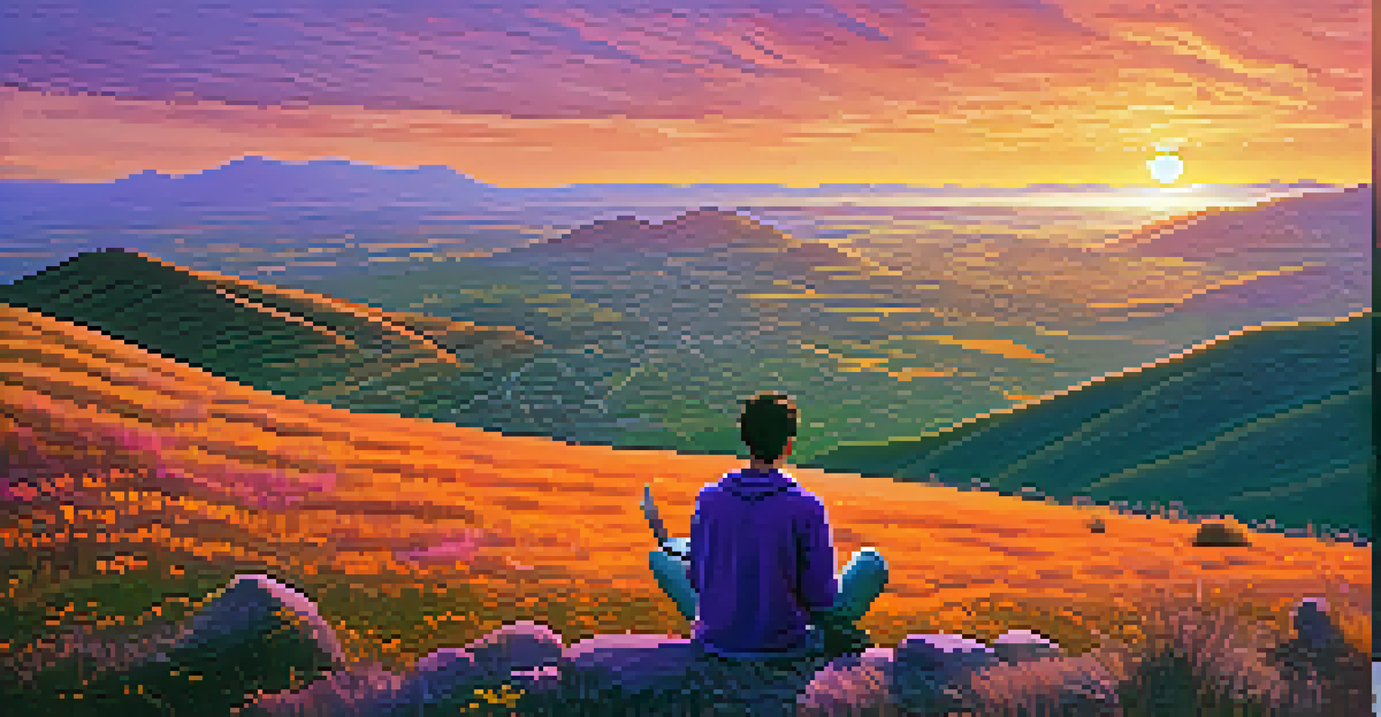 A person on a hilltop at sunset, looking at cryptocurrency charts on a laptop, with a colorful sky.