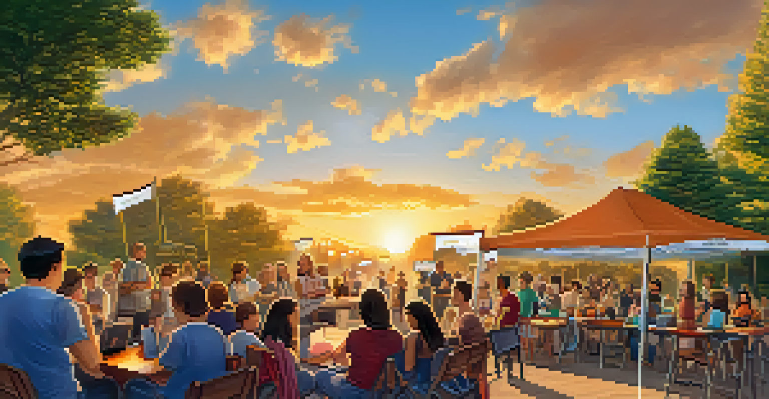 An outdoor event with a banner promoting Bitcoin education, featuring families and volunteers engaging over informational tables.