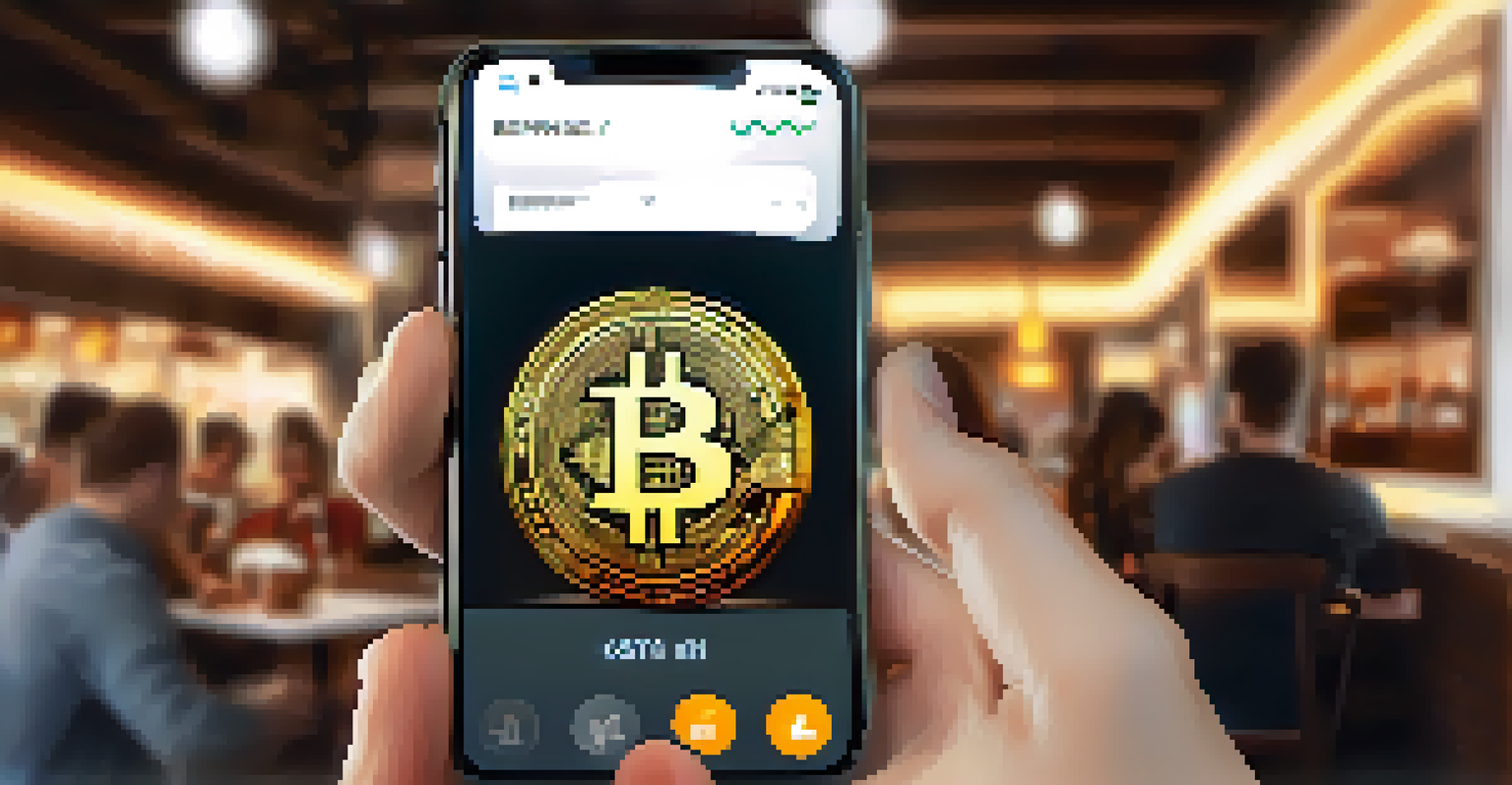 A close-up of a hand with a smartphone showing a Bitcoin wallet, with a modern cafe blurred in the background and bright lighting.