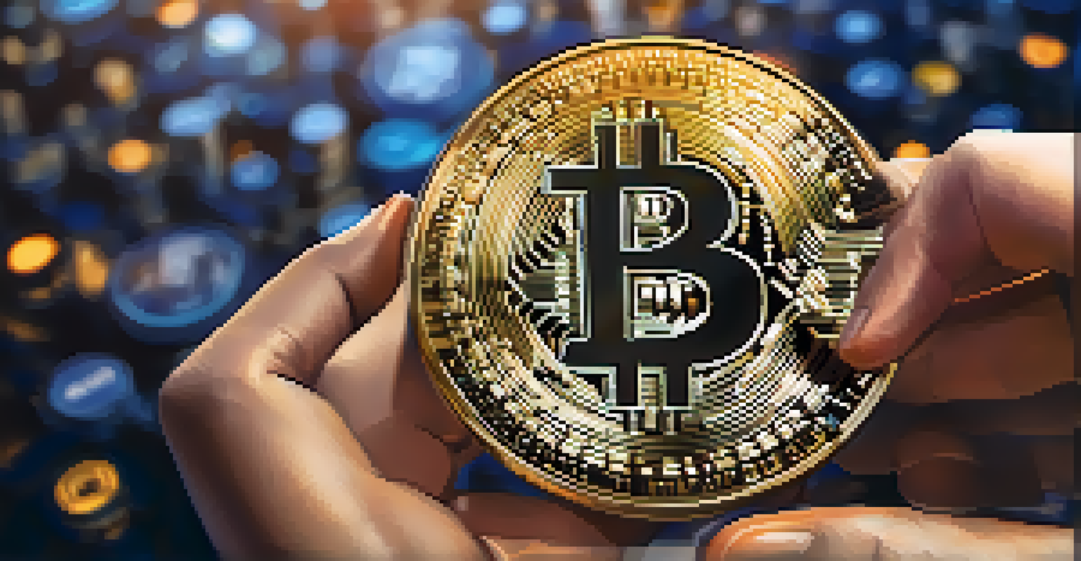 A close-up of hands holding a physical Bitcoin and a digital tablet showing cryptocurrency logos, with a blurred background.