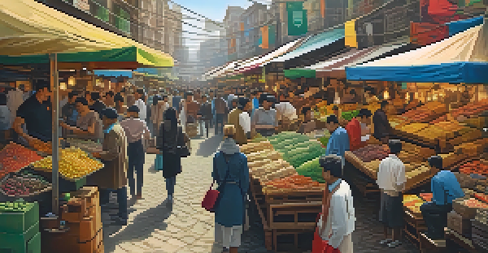A crowded market with diverse people and colorful stalls, incorporating digital privacy symbols like locks and shields.
