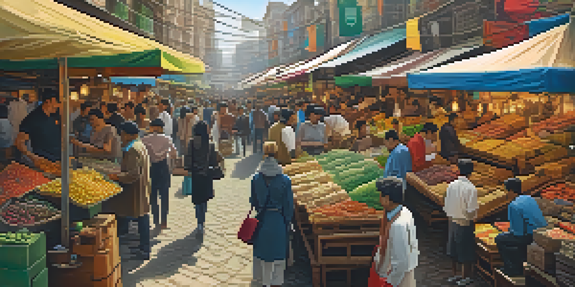 A crowded market with diverse people and colorful stalls, incorporating digital privacy symbols like locks and shields.