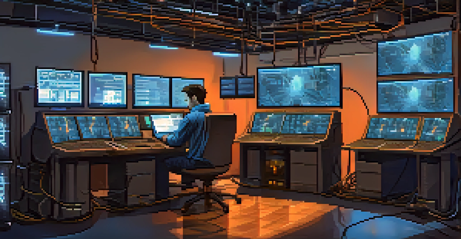 An illustration of a Bitcoin miner in a dimly lit room surrounded by computers, with glowing screens showing Bitcoin symbols and graphs.