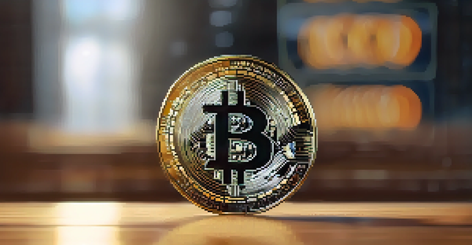 A Bitcoin coin on a wooden table with a blurred laptop screen in the background showing cryptocurrency charts.