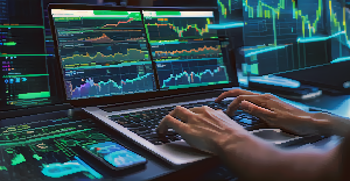A trader's hands typing on a laptop, surrounded by screens showing Bitcoin trading charts in soft blue and green light.