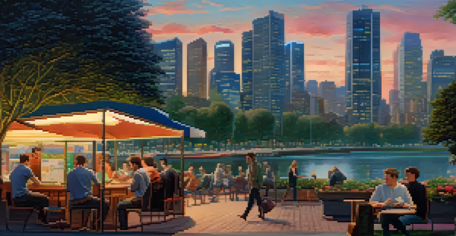 A split-screen image depicting a cityscape with banks on one side and people trading cryptocurrency in a park on the other.
