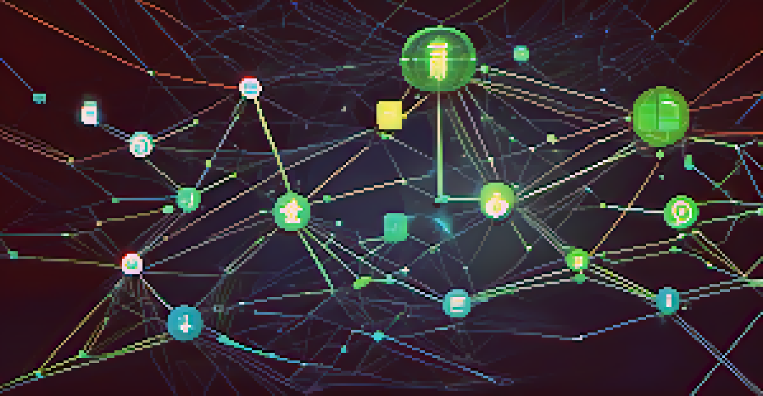 An abstract image illustrating decentralized finance with interconnected nodes and glowing lines on a blue-green gradient background.