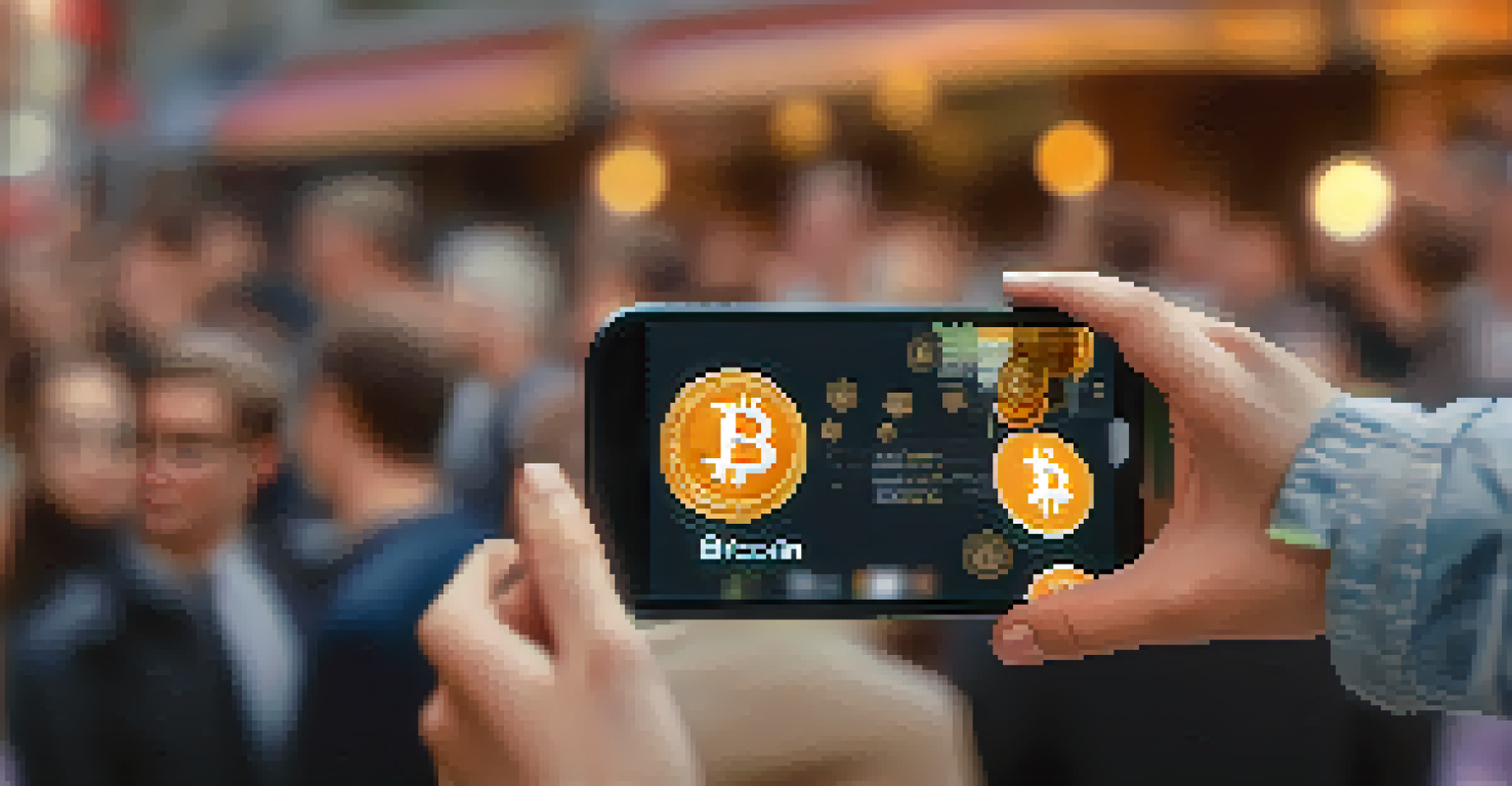 A close-up of a hand holding a smartphone with a Bitcoin donation app, set against a blurred charity event background.