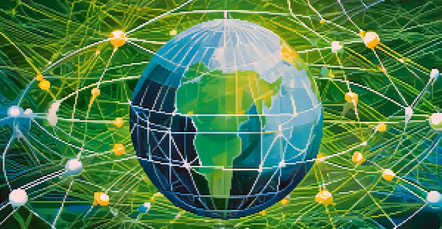 An abstract globe with interconnected nodes and Bitcoin symbols, illustrating cross-border transactions in vibrant colors.