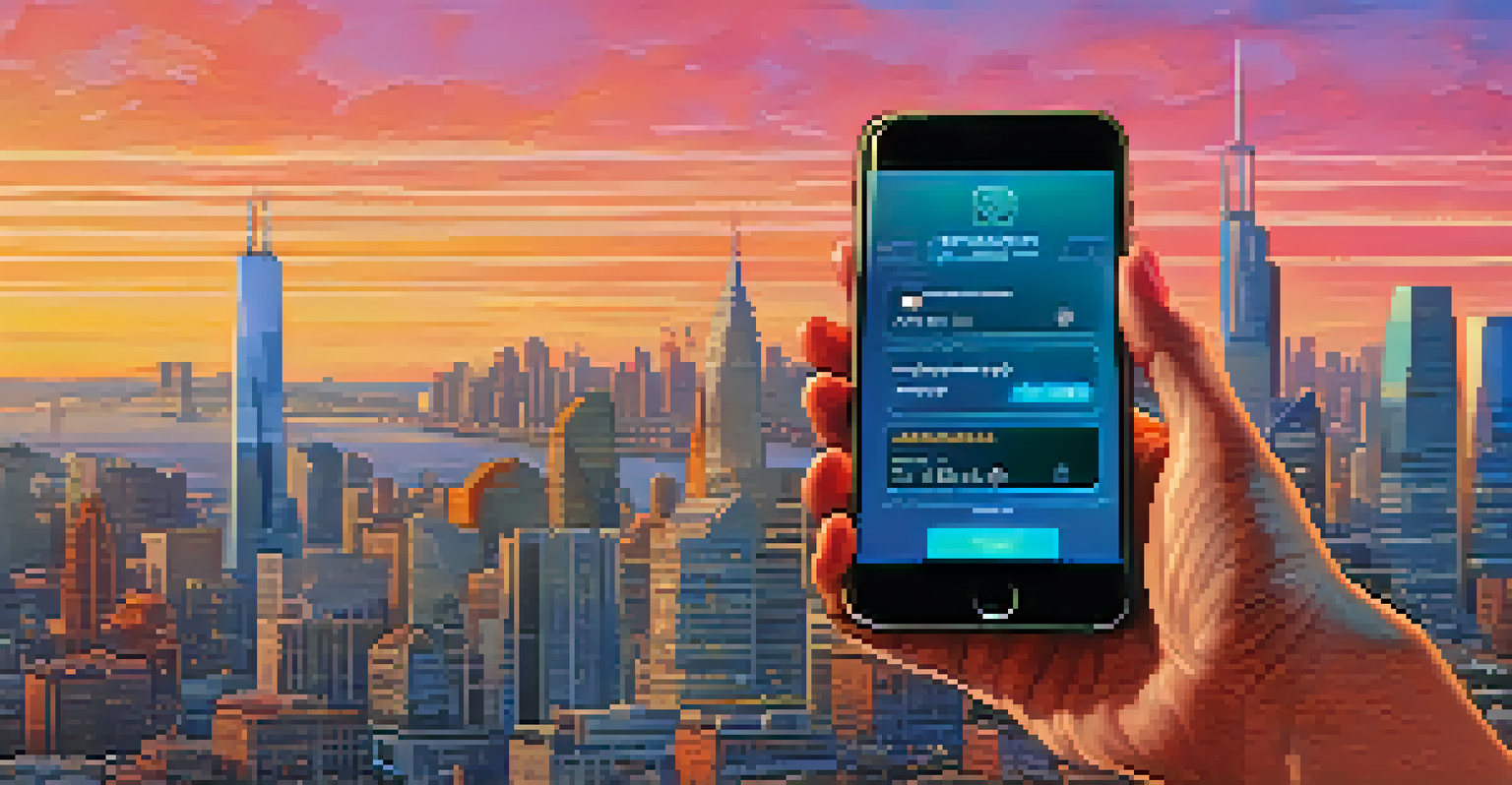 A hand holding a smartphone with a Bitcoin wallet interface, set against a city skyline at sunset with warm orange and pink hues.