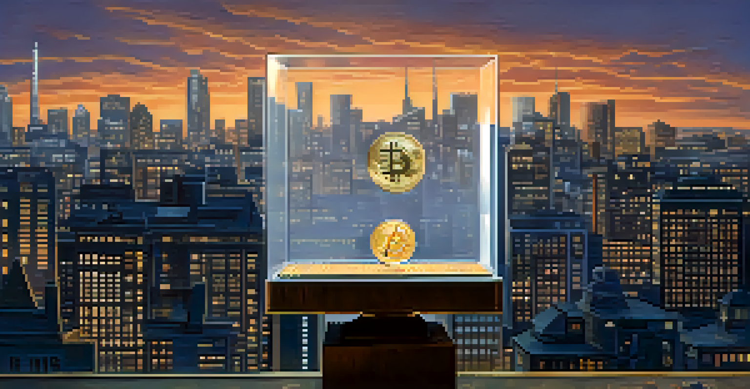 A balanced scale showing a Bitcoin on one side and a privacy coin on the other, with a city skyline in the background.