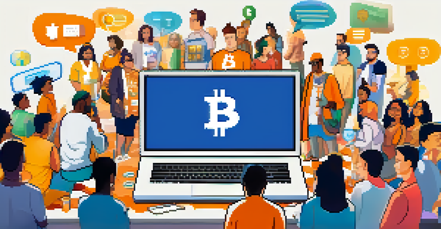 A computer screen showing an active Facebook Group chat about Bitcoin, with colorful avatars and speech bubbles.