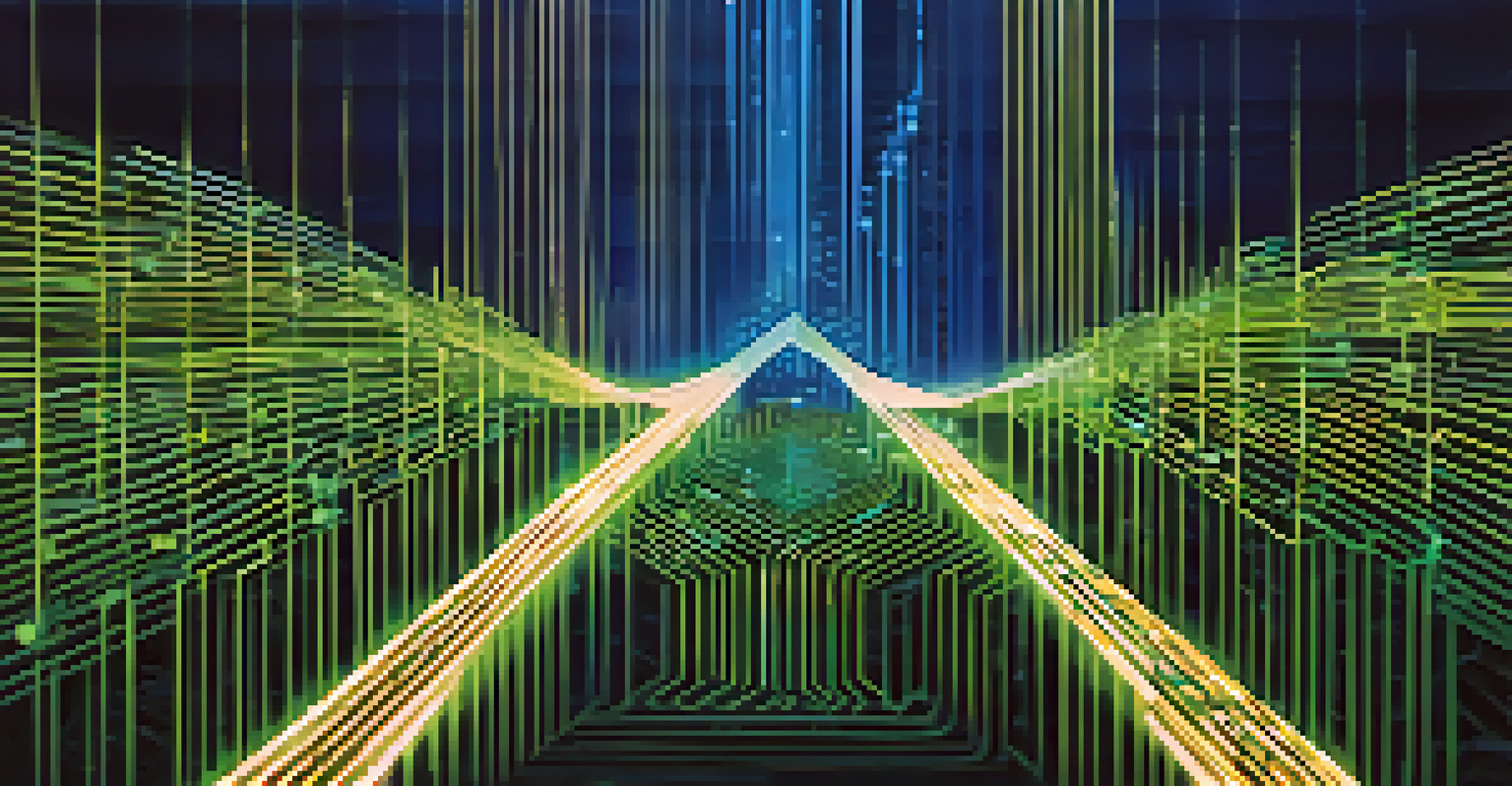 An abstract image showing diverging pathways of digital code leading to Bitcoin symbols.