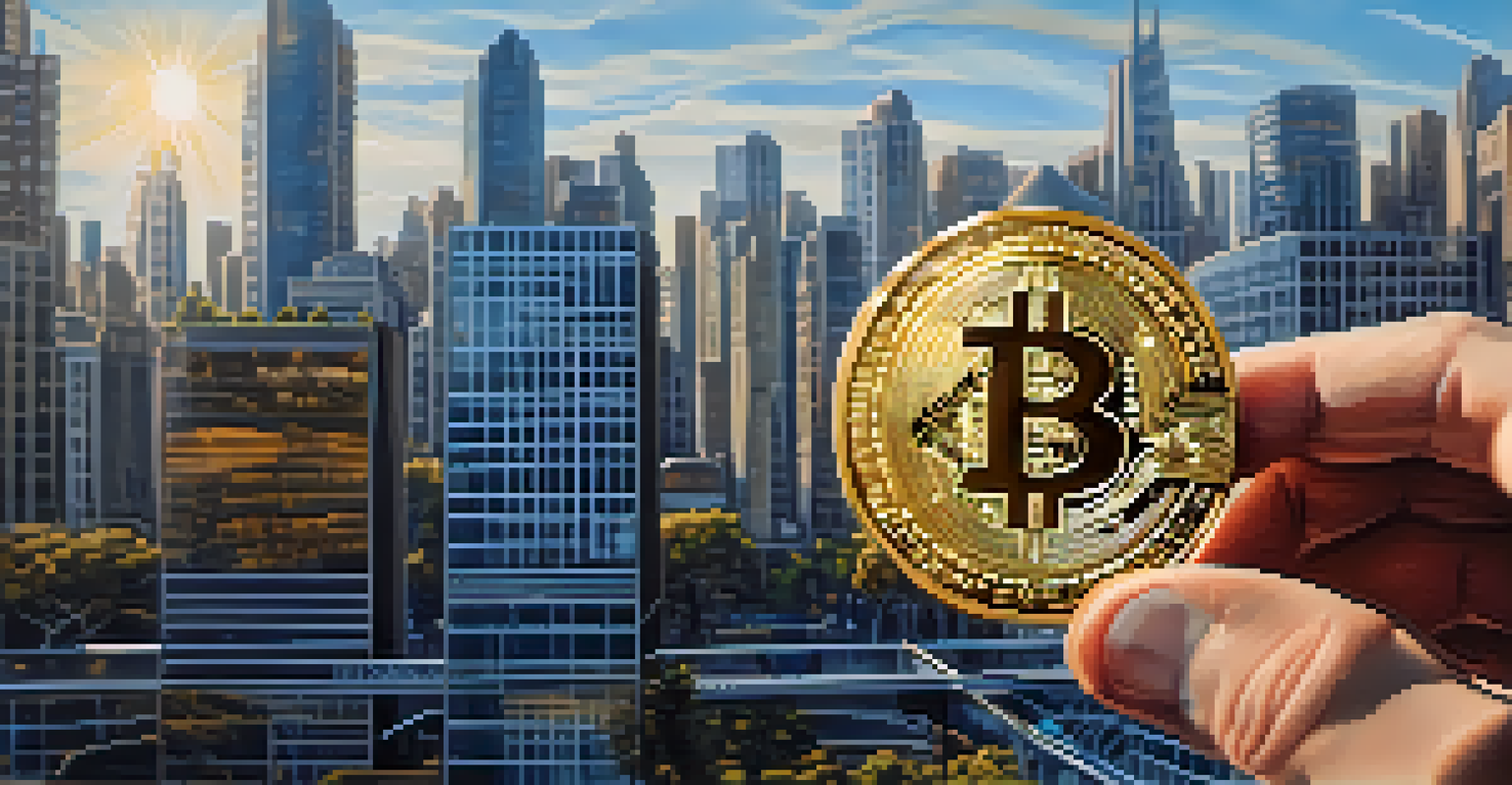 A close-up of a hand holding a Bitcoin coin in front of a busy financial district.