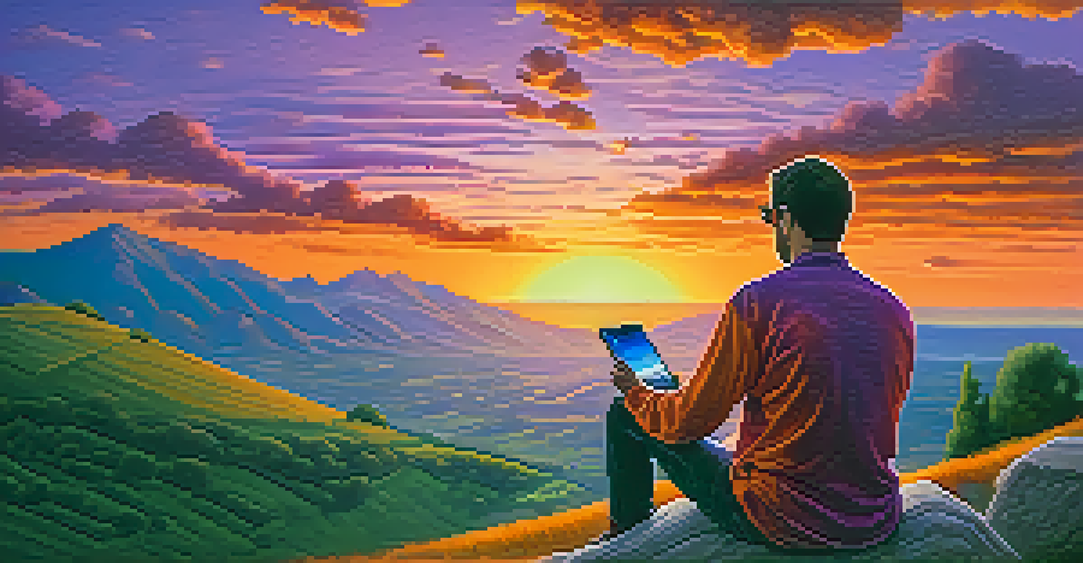 A person sitting on a hilltop at sunset, holding a smartphone with Bitcoin market trends.