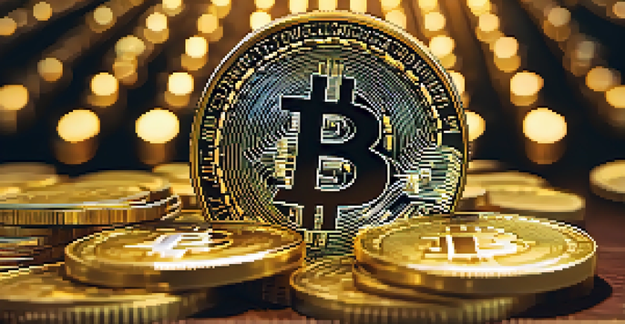 A close-up of a Bitcoin coin on gold coins with a blurred stock market chart in the background.