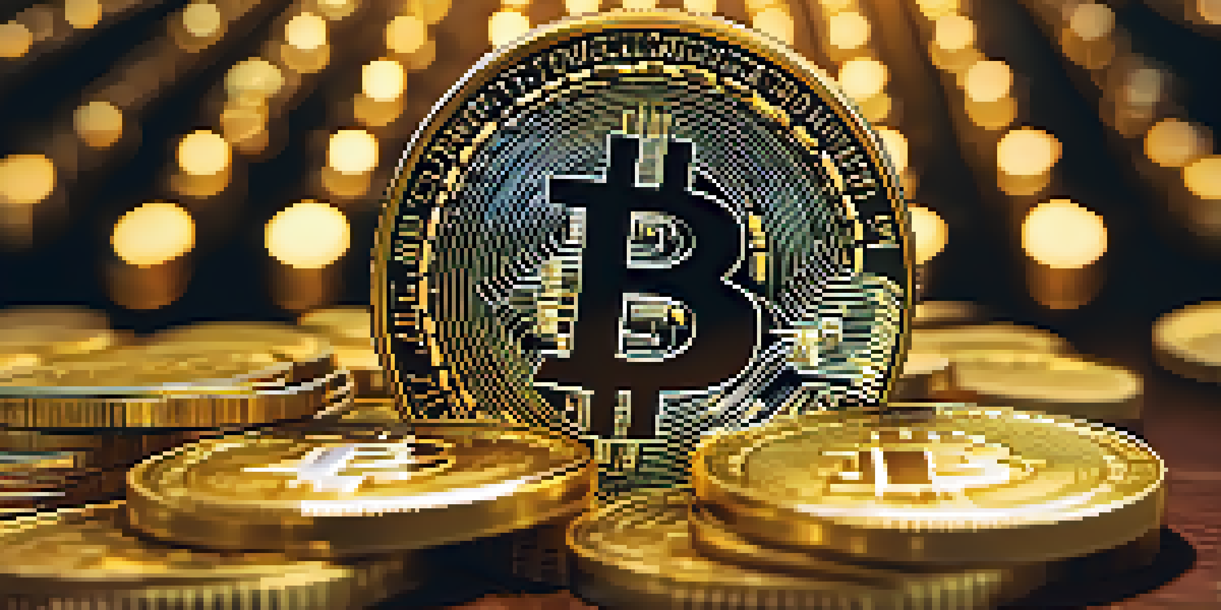 A close-up of a Bitcoin coin on gold coins with a blurred stock market chart in the background.