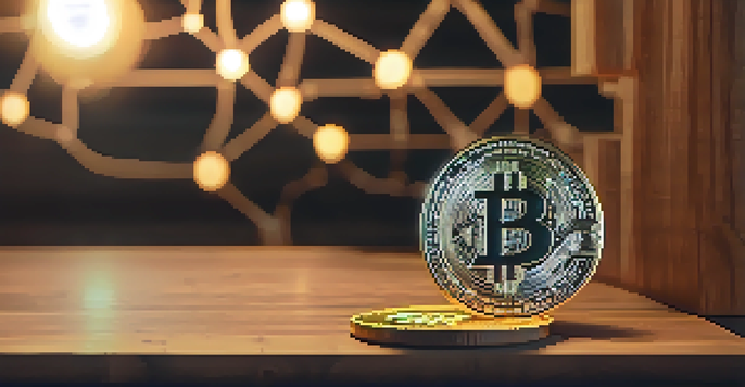 A close-up view of a Bitcoin coin on a wooden surface, with a glowing blockchain network diagram in the background.