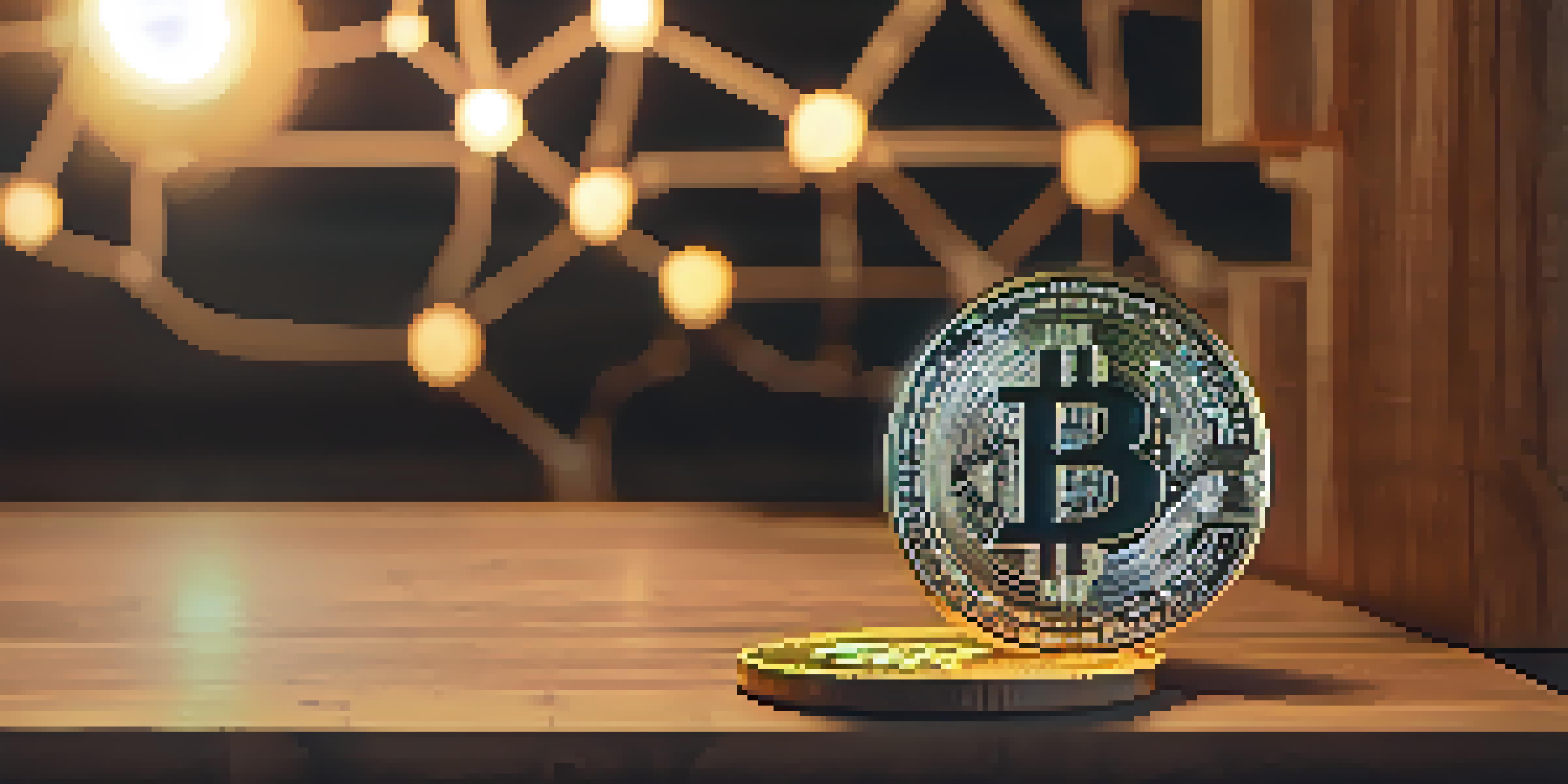 A close-up view of a Bitcoin coin on a wooden surface, with a glowing blockchain network diagram in the background.