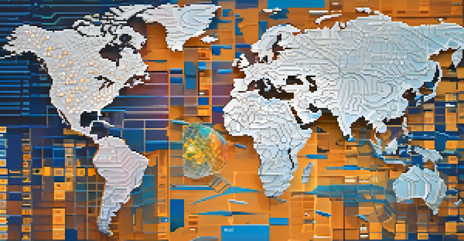 An abstract world map with Bitcoin symbols across different countries, set against a backdrop of digital patterns and cool colors.