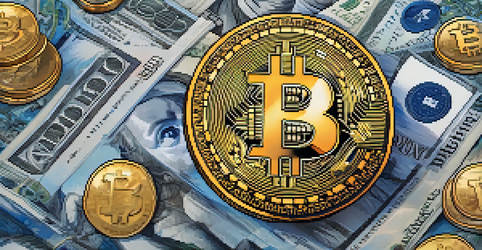 A golden Bitcoin coin surrounded by worn traditional currencies, symbolizing its role as a safe haven asset.