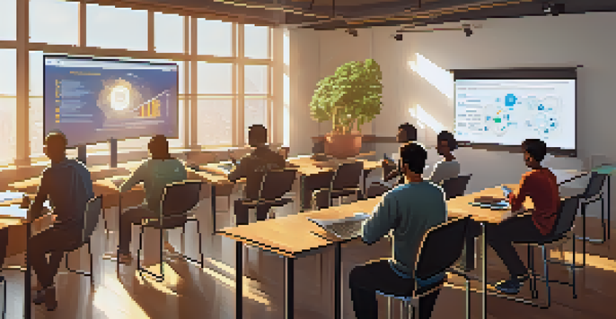 A group of diverse students learning about Bitcoin in a modern classroom with digital screens and sunlight streaming in.