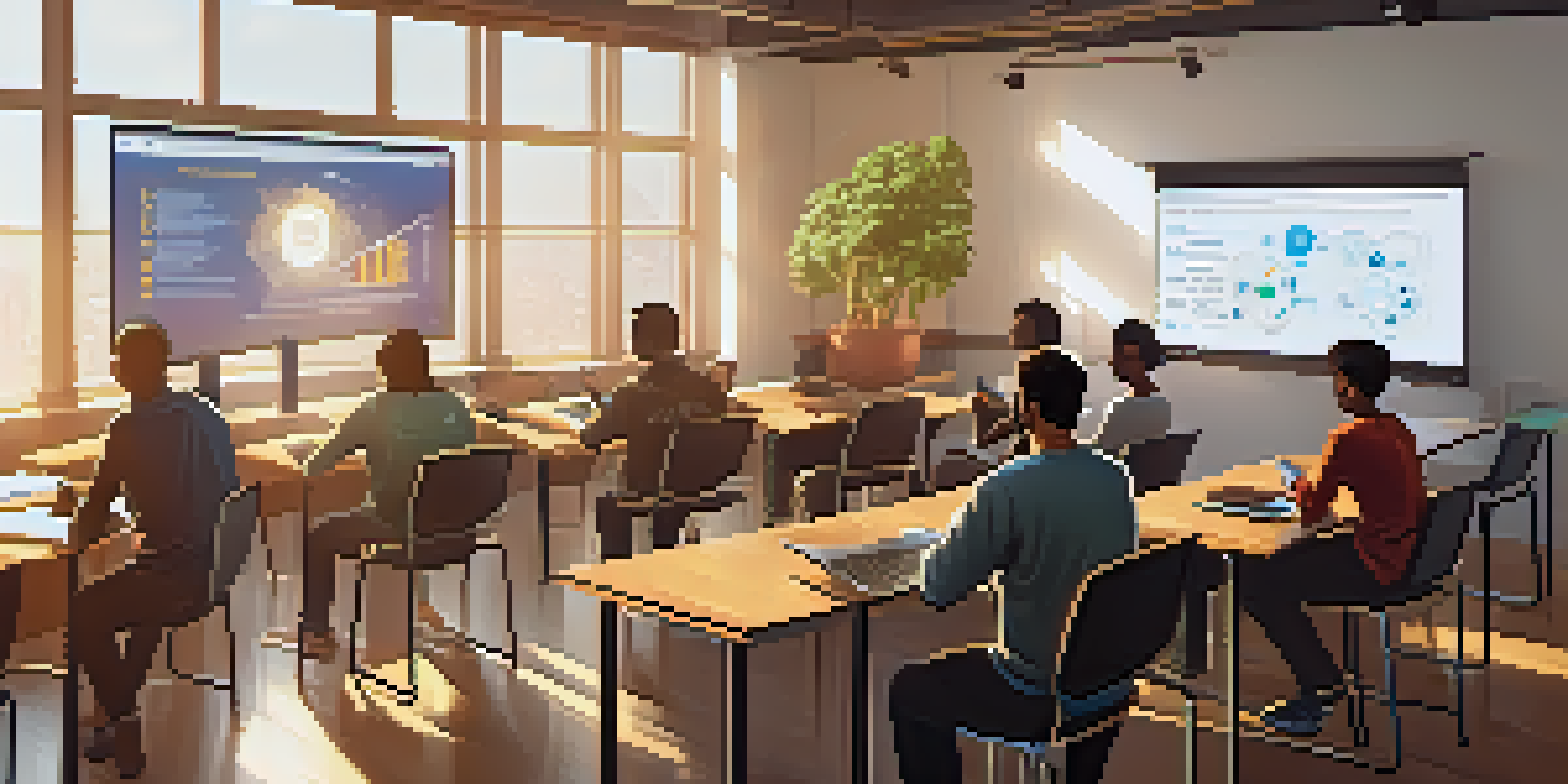 A group of diverse students learning about Bitcoin in a modern classroom with digital screens and sunlight streaming in.