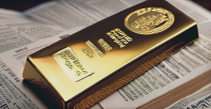 A gold bar illuminated by soft light on a wooden table, with a blurred financial newspaper in the background.