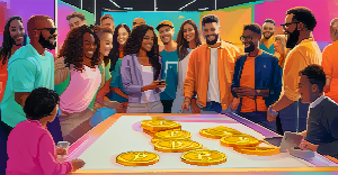 A diverse group of people at a charity event, interacting with a digital screen about Bitcoin donations, surrounded by colorful banners.