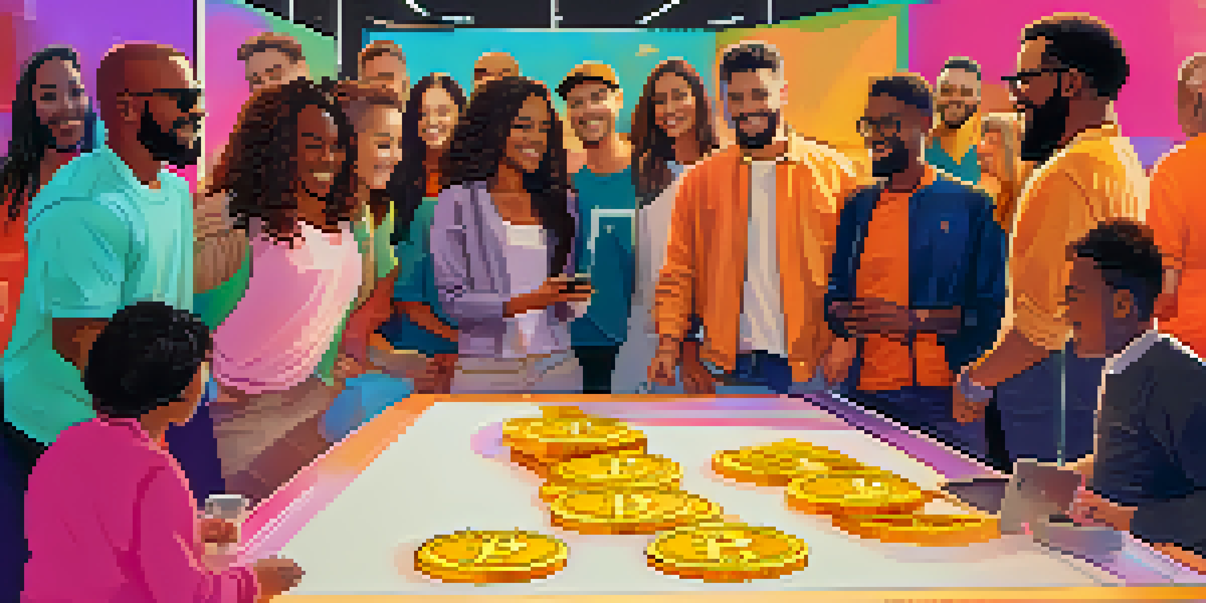 A diverse group of people at a charity event, interacting with a digital screen about Bitcoin donations, surrounded by colorful banners.