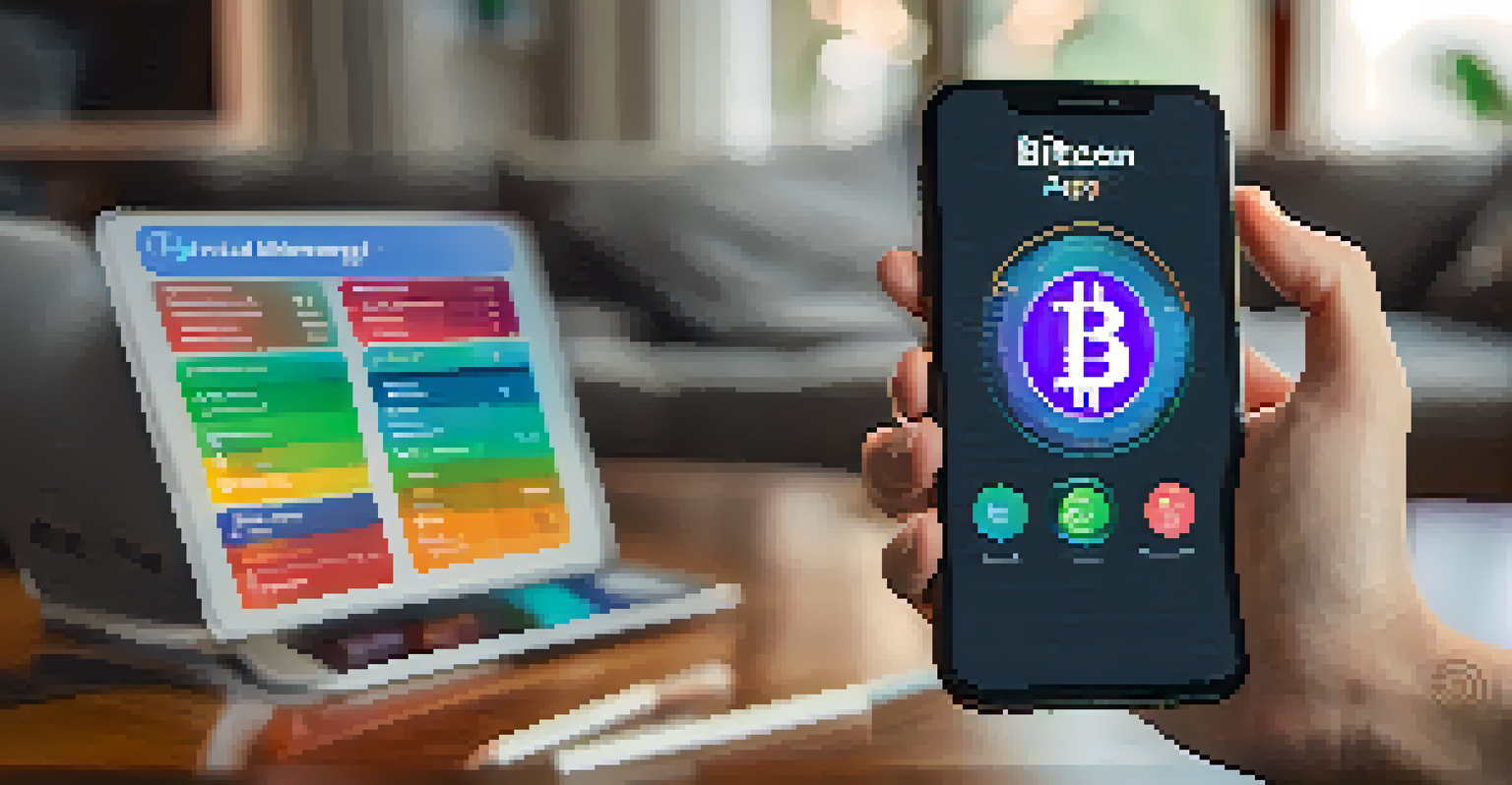 A close-up of a smartphone showing a Bitcoin financial management app in a cozy living room.