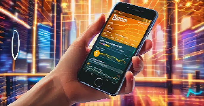 A close-up of a smartphone showing a Bitcoin wallet app, with a hand above it, surrounded by financial charts and graphs in a warm-lit environment.