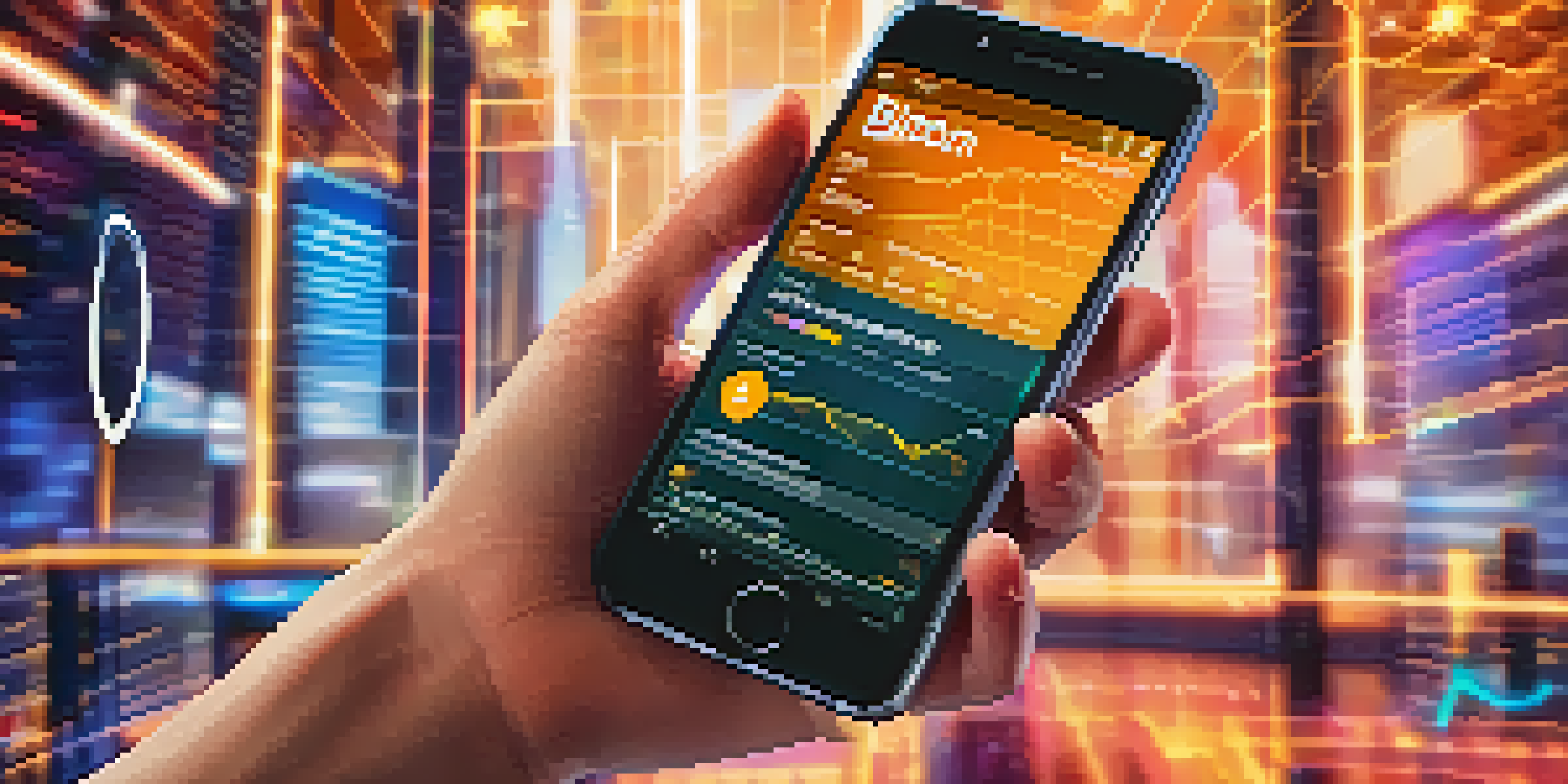 A close-up of a smartphone showing a Bitcoin wallet app, with a hand above it, surrounded by financial charts and graphs in a warm-lit environment.