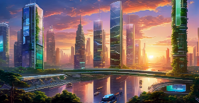 A futuristic city blending nature and technology, featuring skyscrapers with digital displays and people using holographic interfaces during sunset.