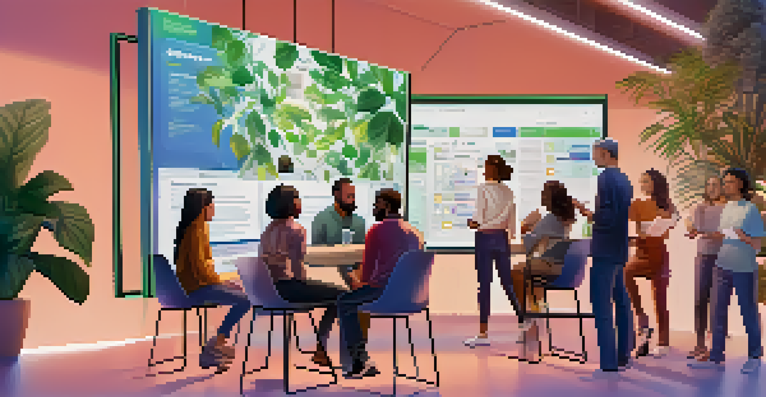 A diverse group of people discussing and voting on a decentralized governance platform in a modern workspace.