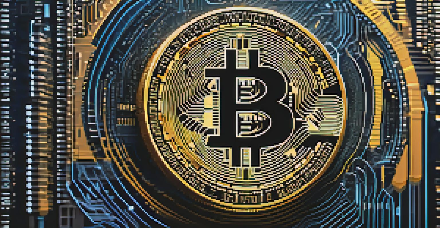 A close-up of a Bitcoin coin on a reflective surface, surrounded by digital data streams and binary code.