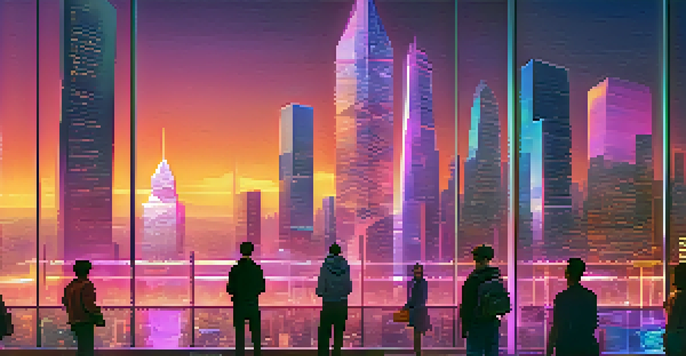 A city skyline at sunset with skyscrapers and people using holographic screens displaying blockchain data.