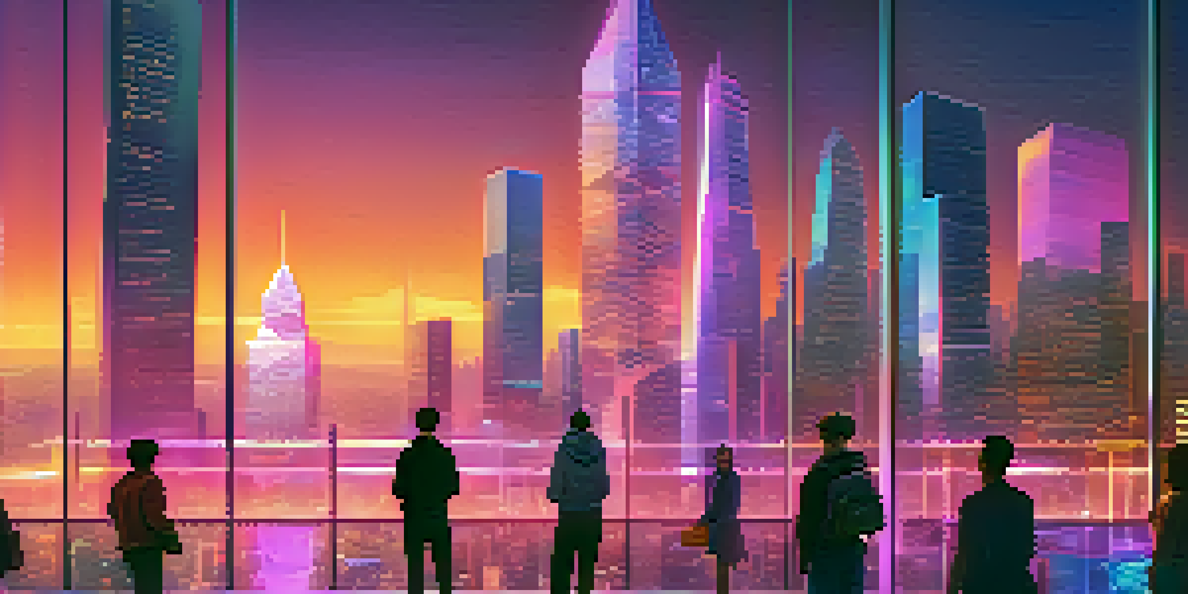 A city skyline at sunset with skyscrapers and people using holographic screens displaying blockchain data.