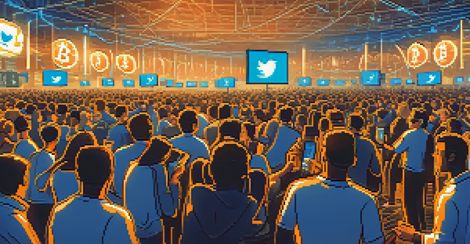 A lively digital art scene showing people engaged with smartphones, surrounded by colorful tweets about Bitcoin on a Twitter feed.