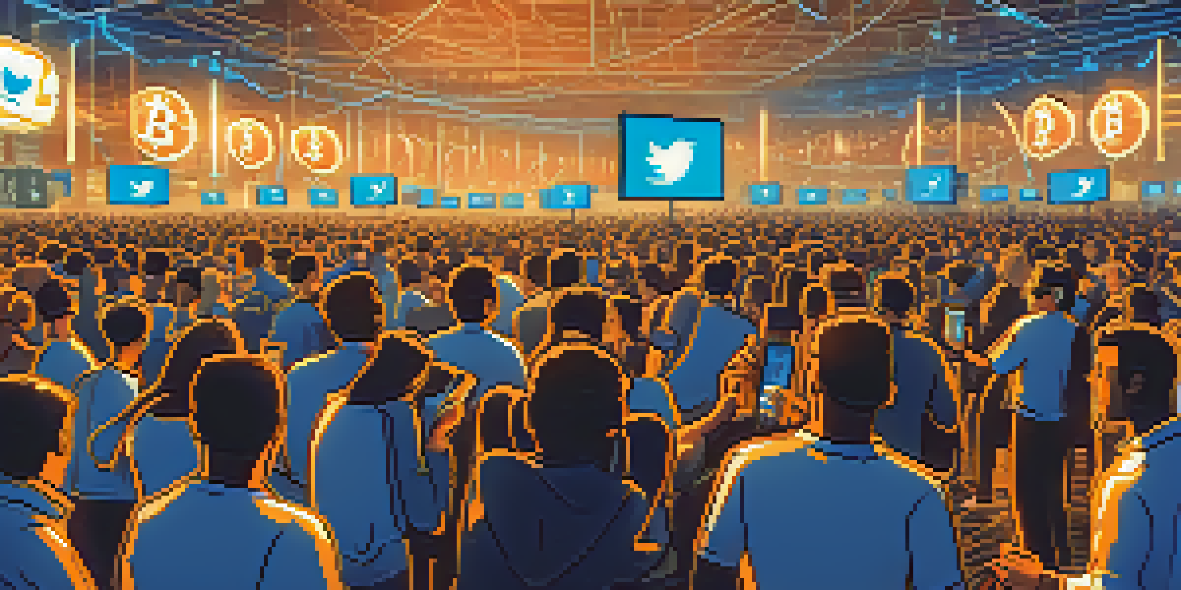 A lively digital art scene showing people engaged with smartphones, surrounded by colorful tweets about Bitcoin on a Twitter feed.